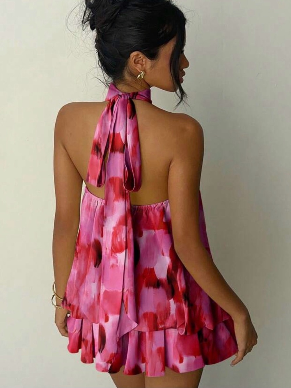 Sleeveless Pink & Red Watercolor Halter Mini Dress - Picture 2 of 2